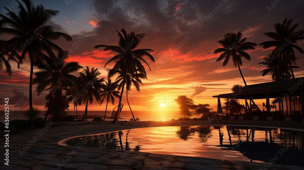 Tropical beach resort sunset silhouette
