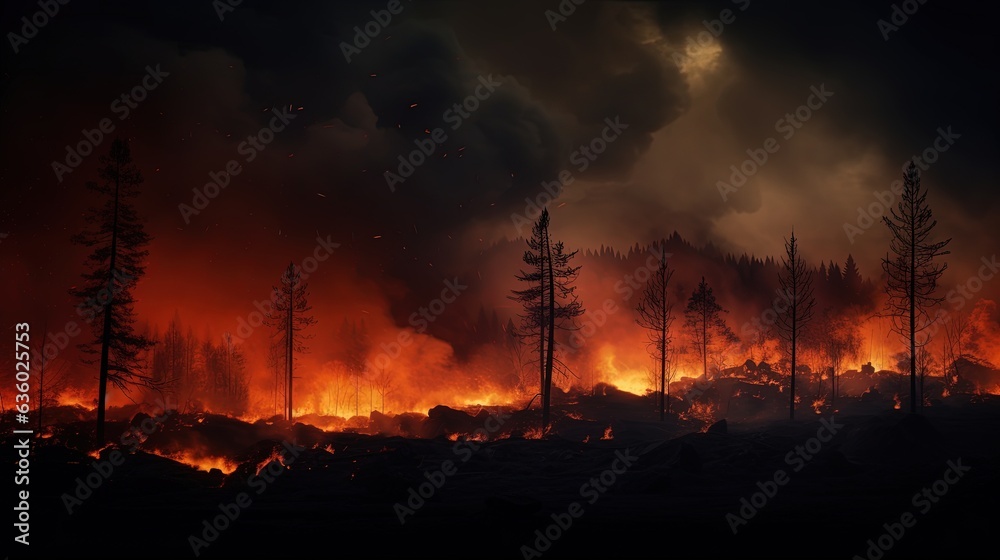Nighttime forest fire an unfortunate natural event. silhouette concept Nighttime forest fire an unfortunate natural event. silhouette concept