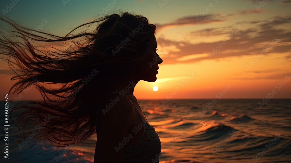 Young woman s silhouette against a sunset over the sea