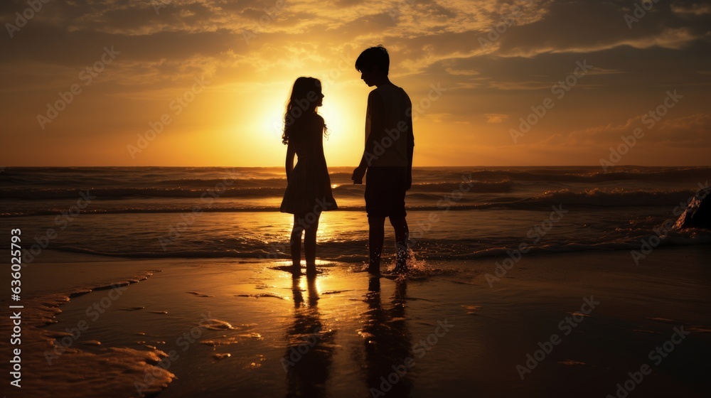 Boy and girl at sandy shore posing. silhouette concept