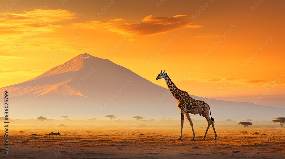Giraffe silhouette in vibrant African landscape near Kilimanjaro volcano Amboseli national park Kenya Wildlife photography in Kenya African morning atmosphere - obrazy, fototapety, plakaty 