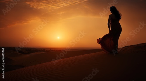 Expecting female figure trekking across sand hills. silhouette concept