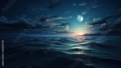 Full moon shining over the ocean landscape. silhouette concept