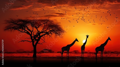 Giraffe shapes and a dead tree in front of a sunset. silhouette concept