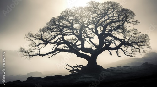 Foggy day with silhouette of an oak tree