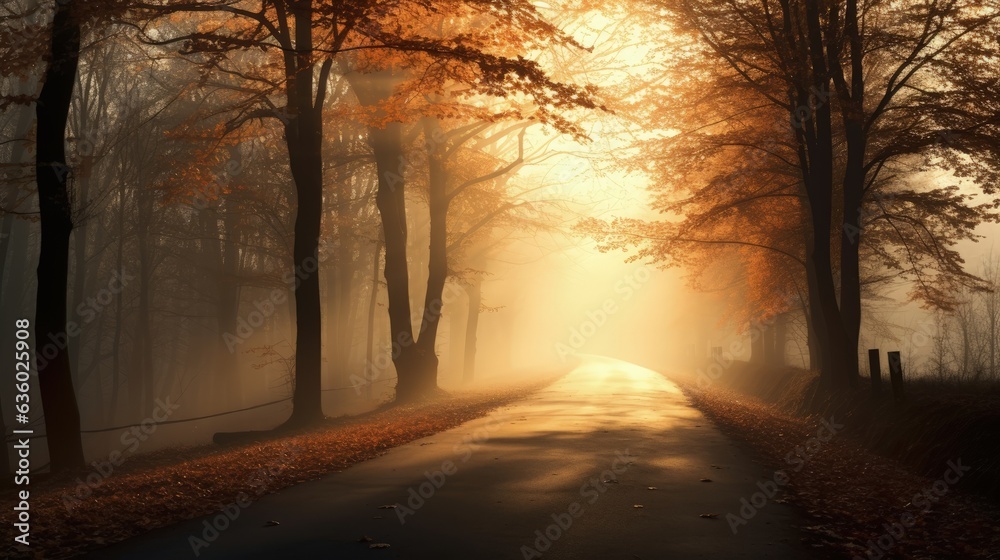 Foggy road surrounded by autumn trees. silhouette concept