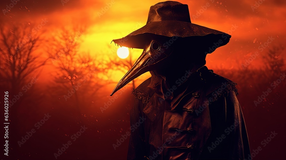 Grim masked silhouette amid a sunset s backdrop edited with avant garde grunge