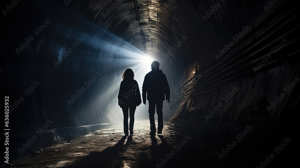 Silhouetted couple walking through railway tunnel towards bright light at the other end holding hands From behind