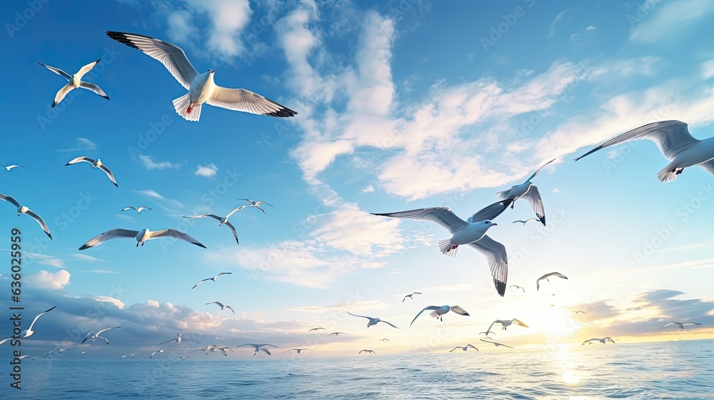 Seagull birds blue sky. silhouette concept