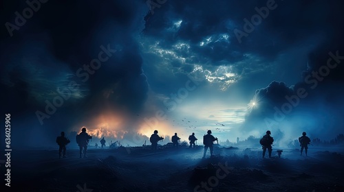 Silhouetted soldiers in a foggy sky below a cloudy skyline at night engaged in battle Armored vehicles included