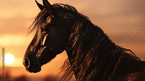 Horse s head in sunset s glow. silhouette concept