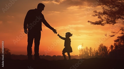 Happy father with baby hand silhouette in nature park at sunset