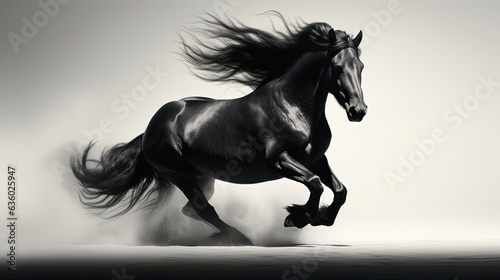 Fast galloping black and white horse casting shadow while art minimalist. silhouette concept photo