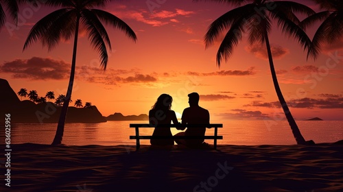 Romantic couple on a beach under palm trees during sunset. silhouette concept