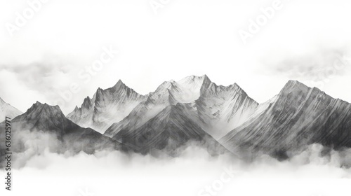 Black and white hand drawn pencil sketch of a mountain landscape with rocky peaks in a graphic style on a white background. silhouette concept