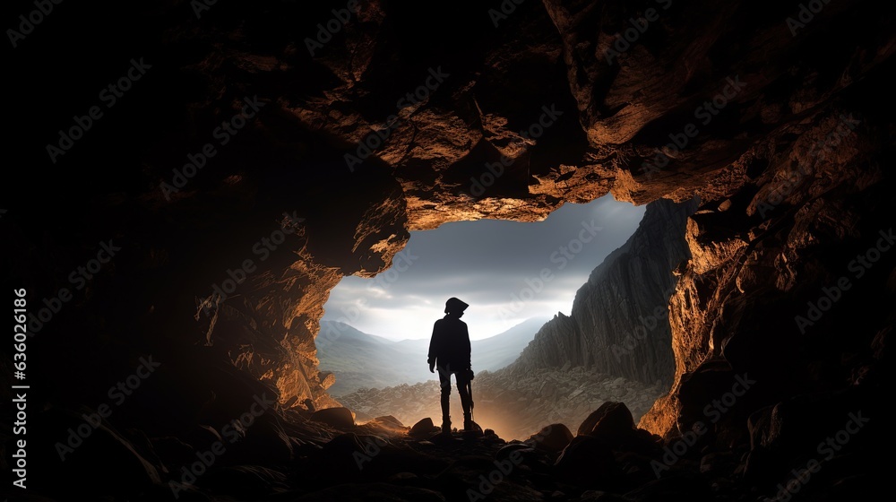 Fototapeta premium cave explorer s shadow. silhouette concept