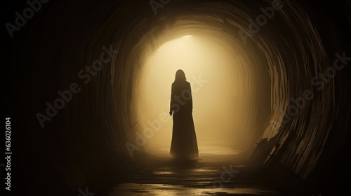 A vintage sepia grunge edited image shows a ghostly woman in a dress in a foggy tunnel at night. silhouette concept