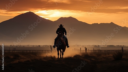 Cowboy on horseback before the Bridger Mountains in Montana at sunrise. silhouette concept