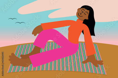 Young Brown woman relaxing on rug at dusk, feeling at peace and on top of the world. Modern vector illustration.