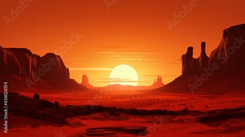 Sunrise in Monument Valley with silhouetted rocks against an orange sky