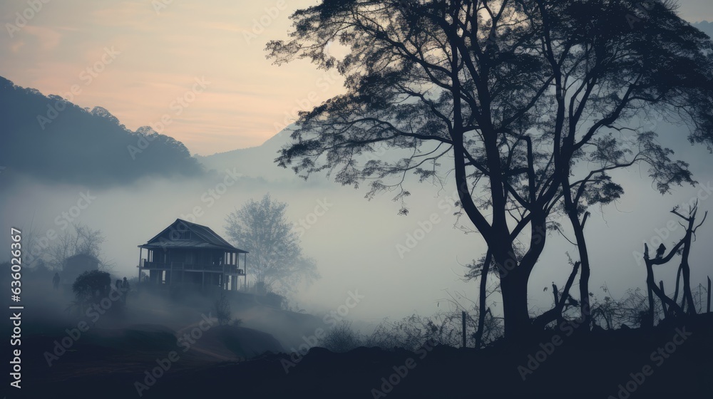 Vintage appearance of Thai hill Khao Krachom displaying fog trees and house. silhouette concept