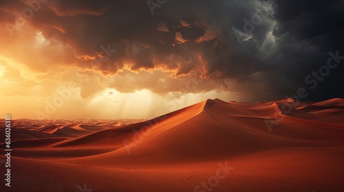 Stunning stormy clouds above Sahara s beautiful sand dunes in Morocco. silhouette concept
