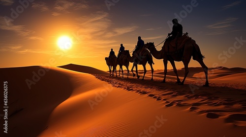 camel tours in Sahara desert guided by a berber with camel shadows. silhouette concept