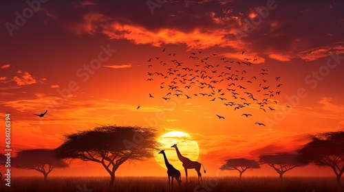 Giraffe and birds silhouettes against Serengeti Park sunset