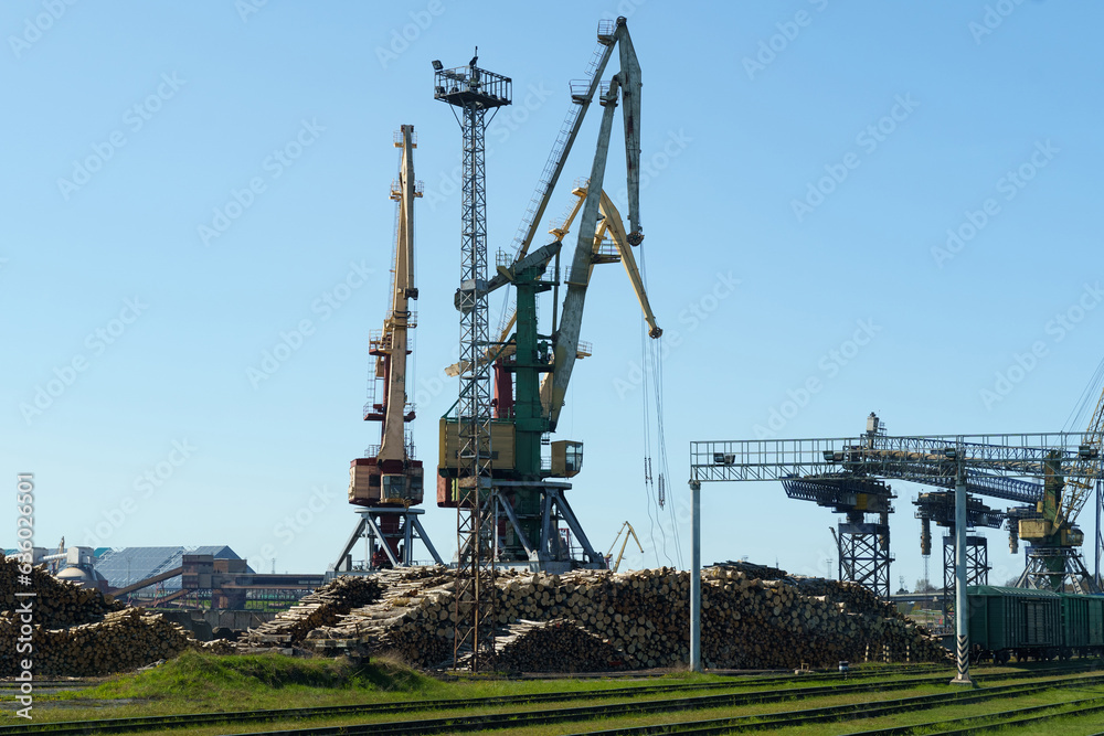 Logs are stacked in the port for loading onto ships. Logs are stacked in the port for loading onto ships.