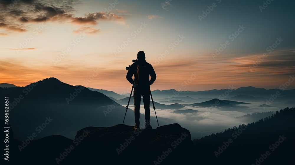 Mountain man wearing gray shirt and brown shorts holds black DSLR camera. silhouette concept