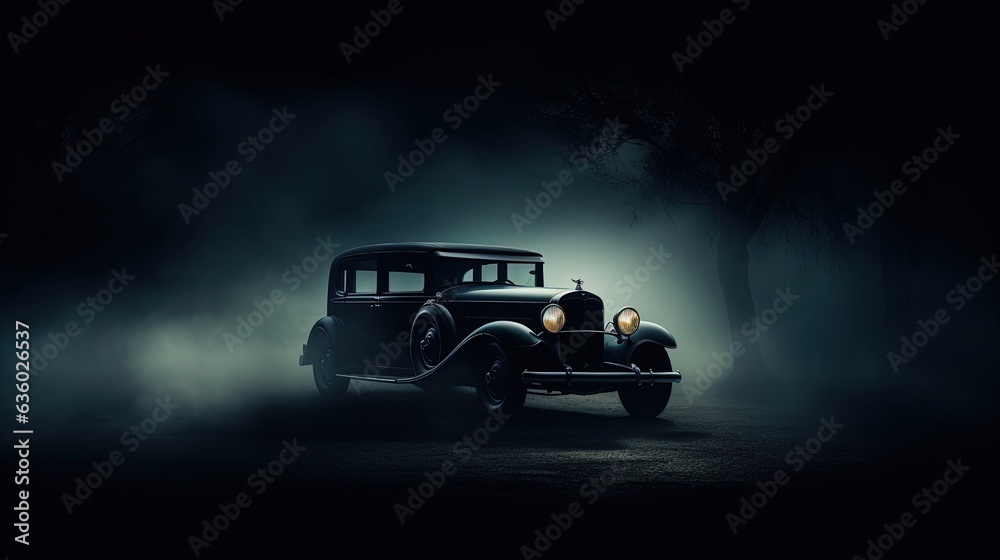 Selective focus on dark background showcasing a vintage car silhouette with glowing lights in low light