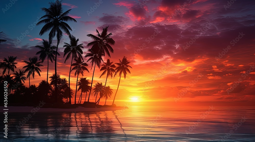 Stunning palms silhouetted against ocean at sunset