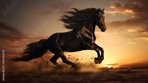 Black horse on the run. silhouette concept