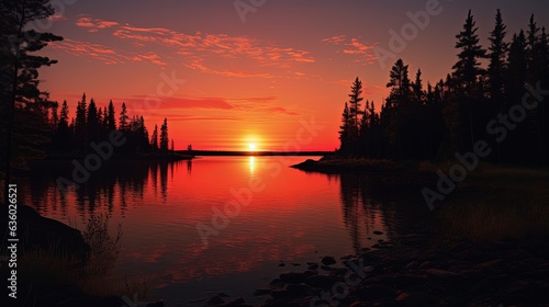 Silhouette of trees in front of a Canadian lake at twilight with a glowing sunset © HN Works