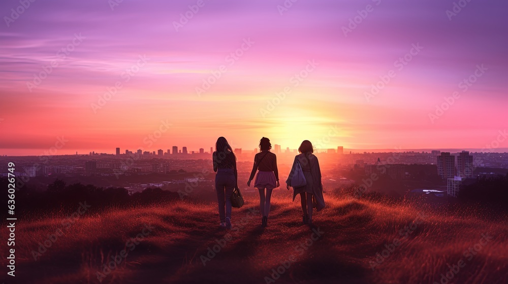 Three friends walk in a park at sunset today. silhouette concept