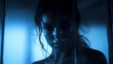 mysterious dark shape of a woman behind textured glass. silhouette concept