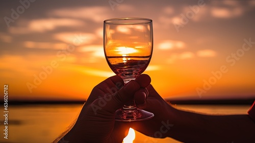 Hand holding glasses at sunset silhouette