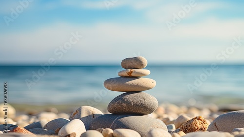 Zen stones on the sea beach representing meditation spa harmony and balance with a soothing background of abstract sea bokeh on a sunny day. silhouette concept