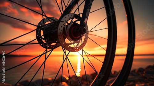 Sunset background with bicycle wheel. silhouette concept