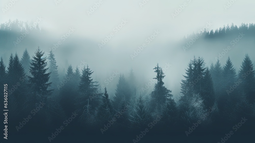 Fog covering snowy forest. silhouette concept