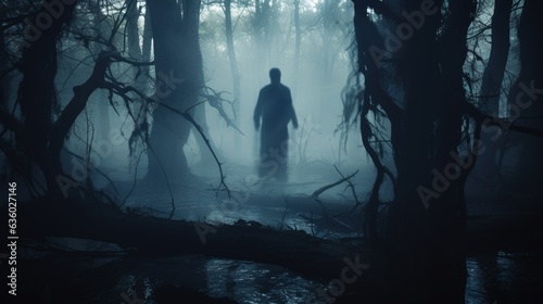 Eerie ghost in horrifying wooded scenery. silhouette concept © HN Works