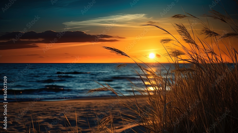 Sun setting on beach with grass in front. silhouette concept Sun setting on beach with grass in front. silhouette concept