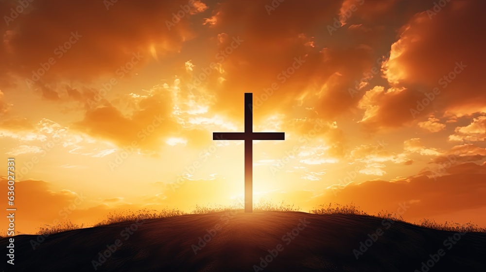 Bright Christian cross against gold sky backdrop. silhouette concept