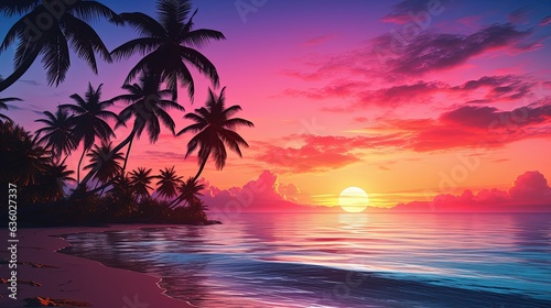 Canvastavla Gorgeous tropical sunset over beach with palm tree silhouettes Perfect for summe