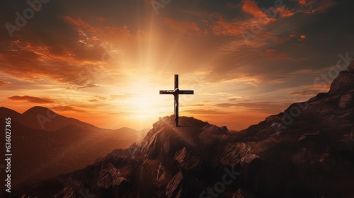 Jesus Christ crucified on a mountaintop at sunset serves as an abstract symbol. silhouette concept