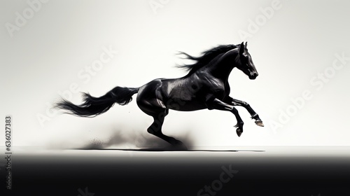 Fast galloping black and white horse casting shadow while art minimalist. silhouette concept