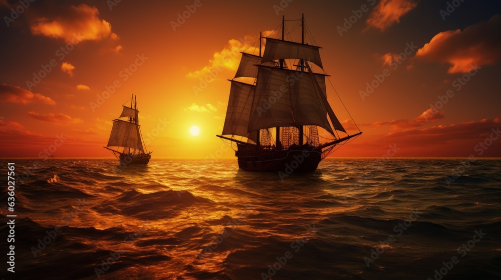 Two boats cruising at sunset. silhouette concept