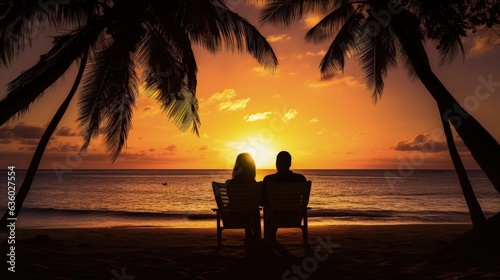 Romantic couple on a beach under palm trees during sunset. silhouette concept