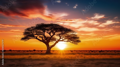 Sunset on African plains with acacia tree Kalahari desert South Africa. silhouette concept