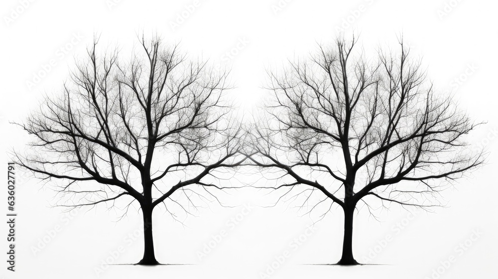 Photo of black twin trees with no leaves against a white backdrop. silhouette concept Photo of black twin trees with no leaves against a white backdrop. silhouette concept